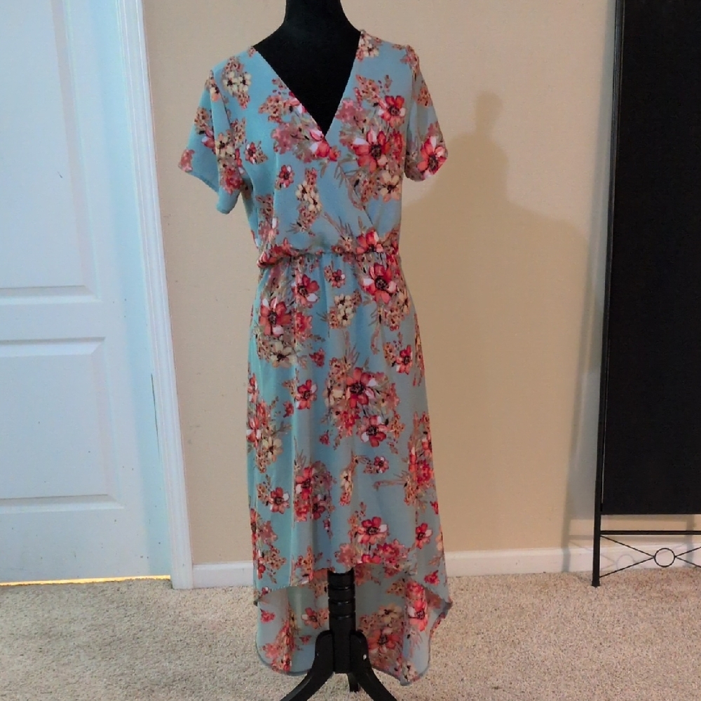 Sky Blue Floral Wrap High-Low Dress